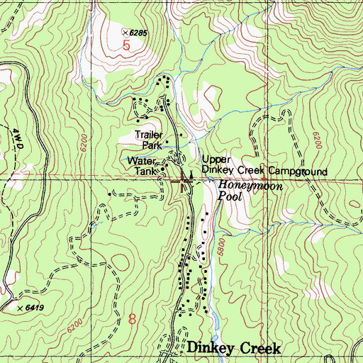 Topographic Map of Upper Dinkey Creek Campground, CA