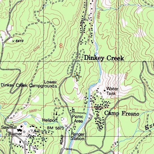 Topographic Map of Lower Dinkey Creek Campground, CA