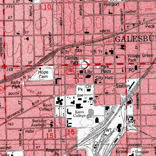 Topographic Map of Galesburg Police Department, IL