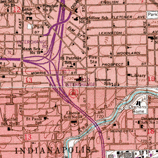Topographic Map of Indianapolis Metropolitan Police Department Southeast District, IN