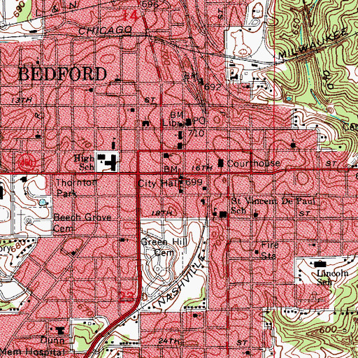 Topographic Map of Bedford Police Department, IN