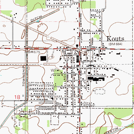 Topographic Map of Kouts Village Police department, IN