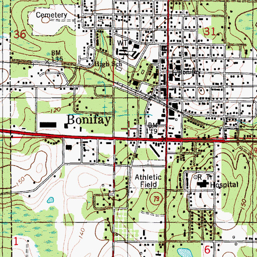 Topographic Map of Bonifay Post Office, FL