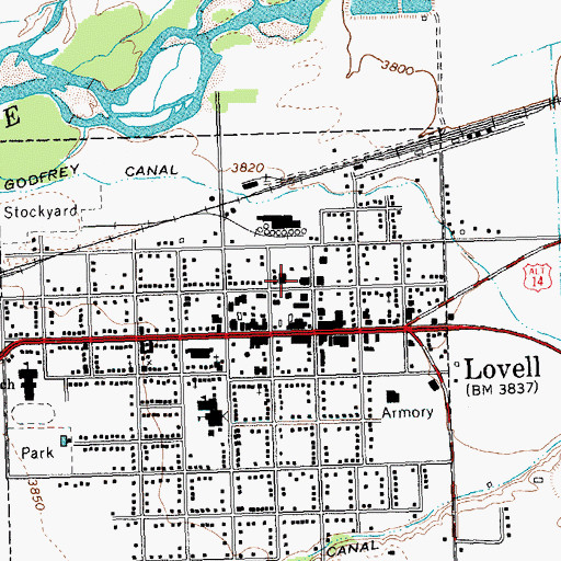 Topographic Map of Lovell Post Office, WY