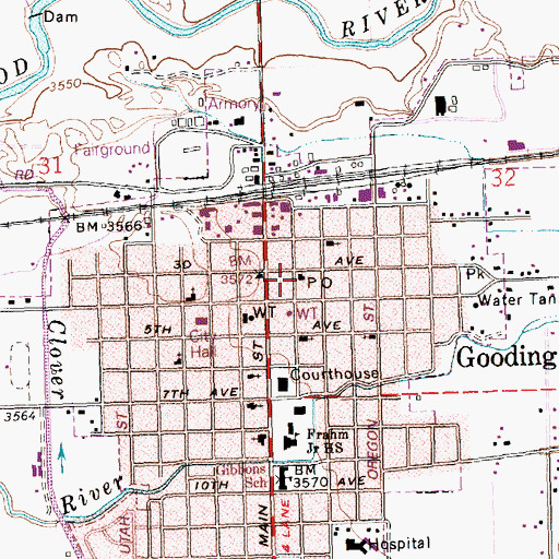 Topographic Map of Gooding Post Office, ID