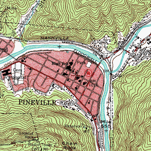 Topographic Map of Pineville Police Department, KY