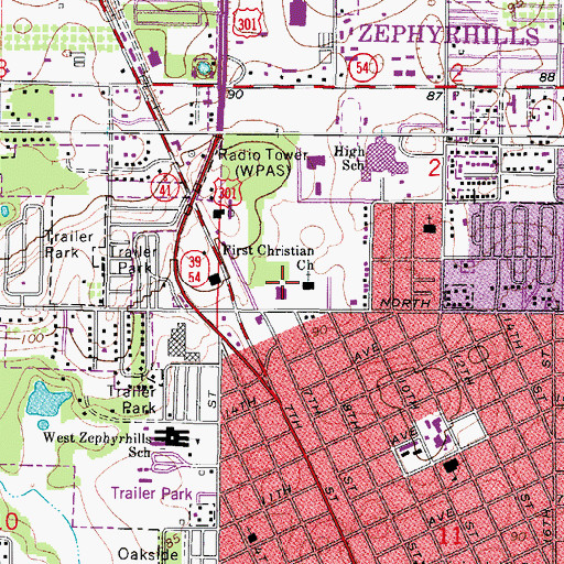 Topographic Map of Zephyrhills Post Office, FL