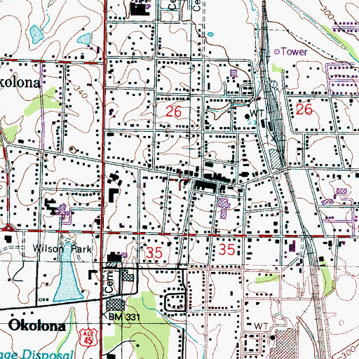 Topographic Map of Okolona Post Office, MS