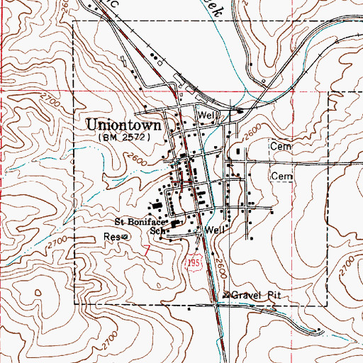 Topographic Map of Uniontown Post Office, WA