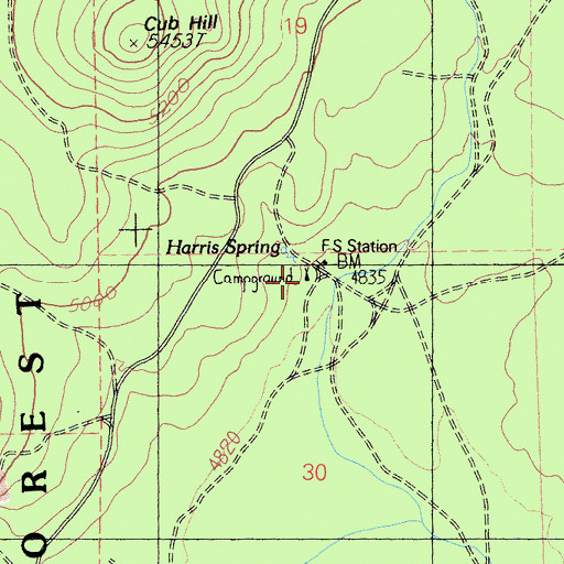 Topographic Map of Harris Spring Campground, CA