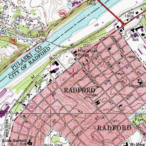 Topographic Map of Radford City Sheriff's Office, VA