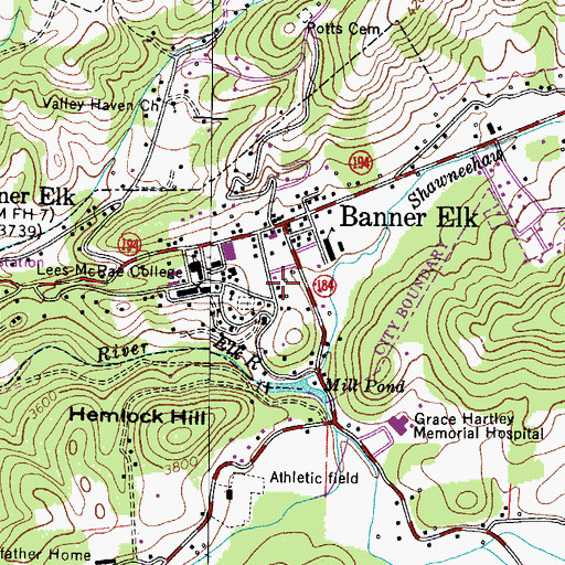 Topographic Map of Banner Elk Post Office, NC