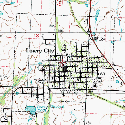 Topographic Map of Lowry City Post Office, MO