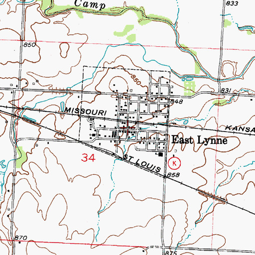 Topographic Map of East Lynne Post Office, MO