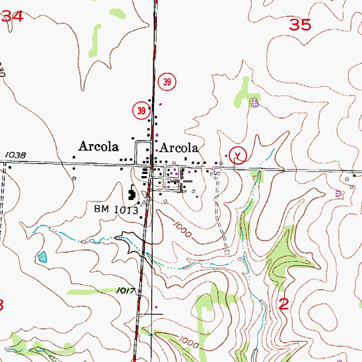 Topographic Map of Arcola Post Office, MO