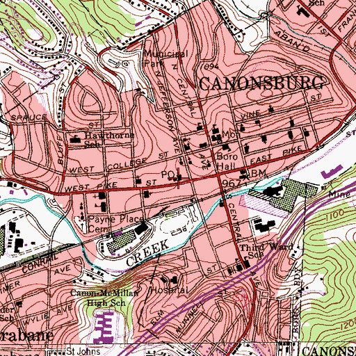 Topographic Map of Canonsburg Post Office, PA