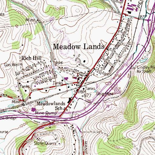 Topographic Map of Meadow Lands Post Office, PA