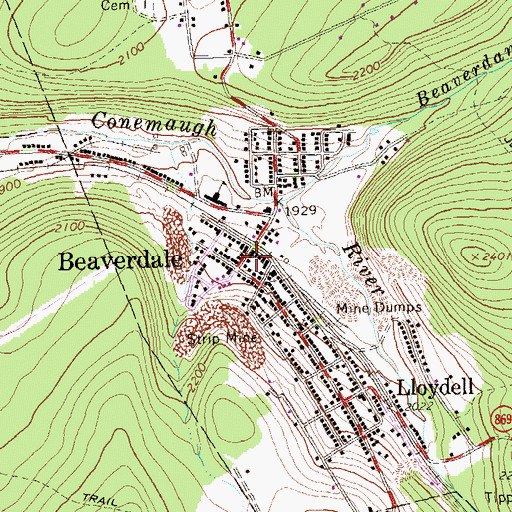 Topographic Map of Beaverdale Post Office, PA