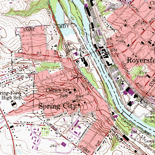 Topographic Map of Spring City Post Office, PA