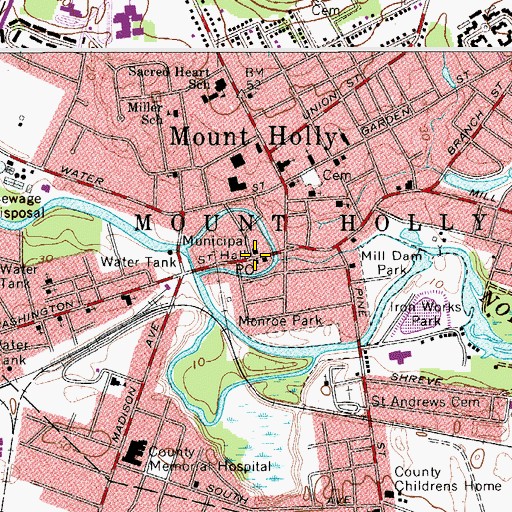 Topographic Map of Mount Holly Post Office, NJ