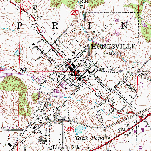 Topographic Map of Huntsville Post Office, MO