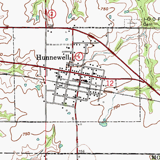 Topographic Map of Hunnewell Post Office, MO