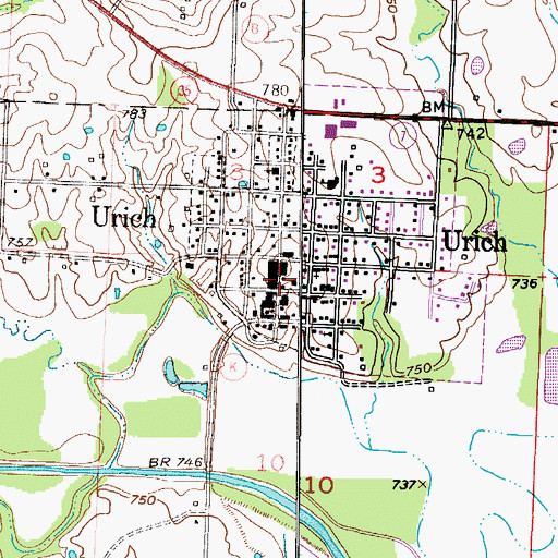 Topographic Map of Urich Post Office, MO
