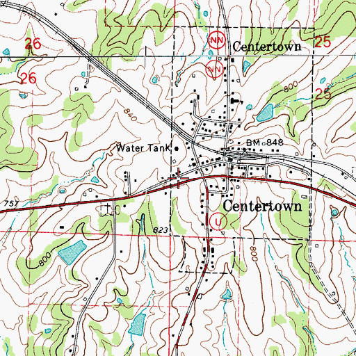 Topographic Map of Centertown Post Office, MO