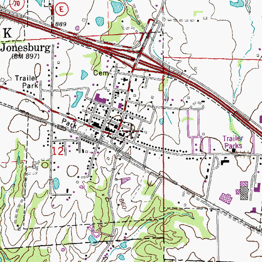 Topographic Map of Jonesburg Post Office, MO