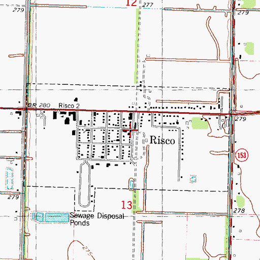 Topographic Map of Risco Post Office, MO