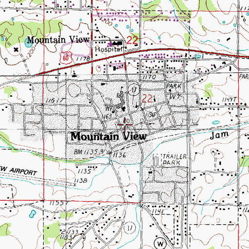 Topographic Map of Mountain View Post Office, MO