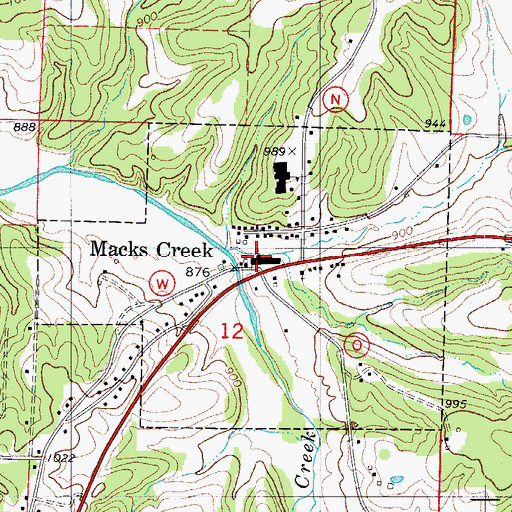 Topographic Map of Macks Creek Post Office, MO