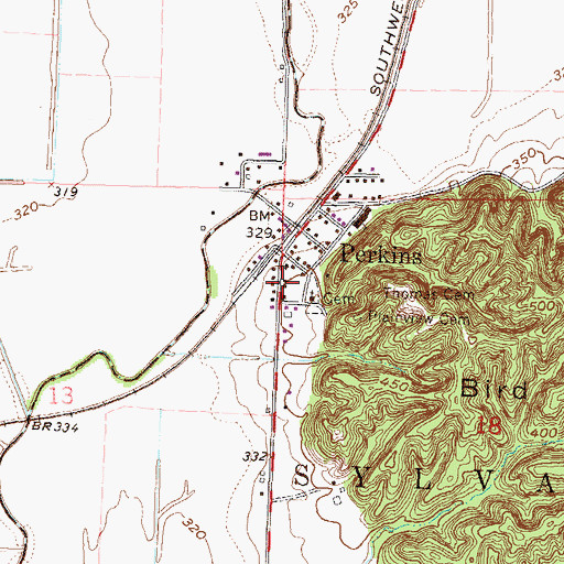 Topographic Map of Perkins Post Office, MO
