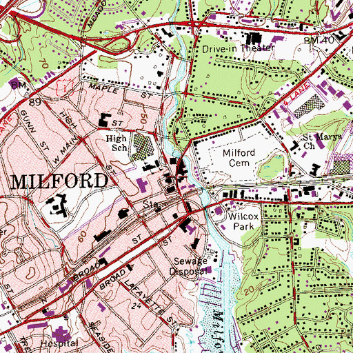 Topographic Map of Downtown Milford Post Office, CT