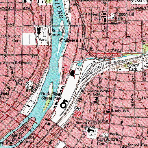 Topographic Map of Aurora Post Office, IL