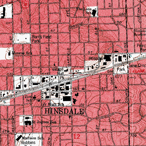 Topographic Map of Hinsdale Post Office, IL