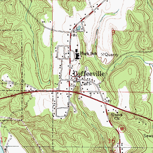 Topographic Map of Coffeeville Post Office, AL