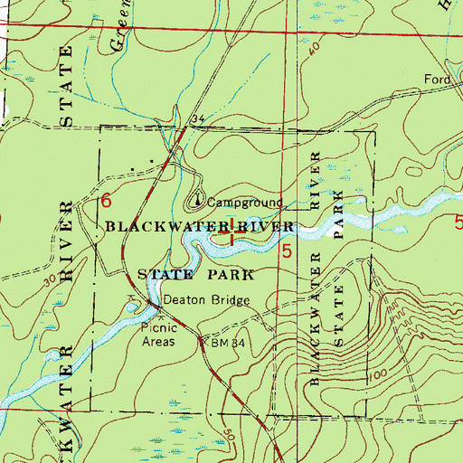 Topographic Map of Blackwater River State Park, FL