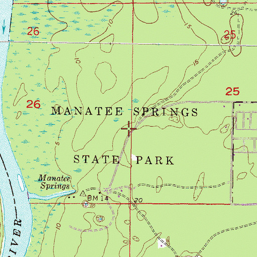 Topographic Map of Manatee Springs State Park, FL