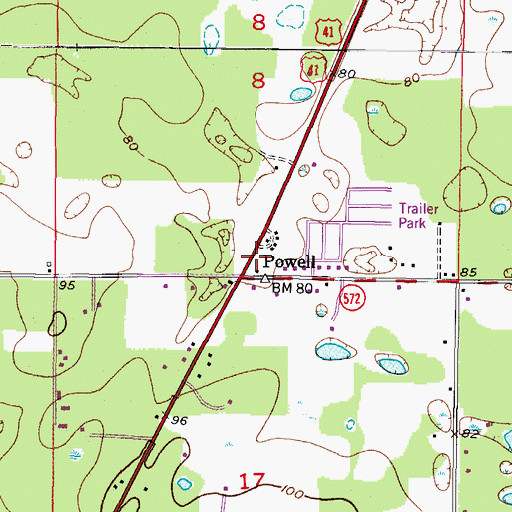 Topographic Map of Powell, FL