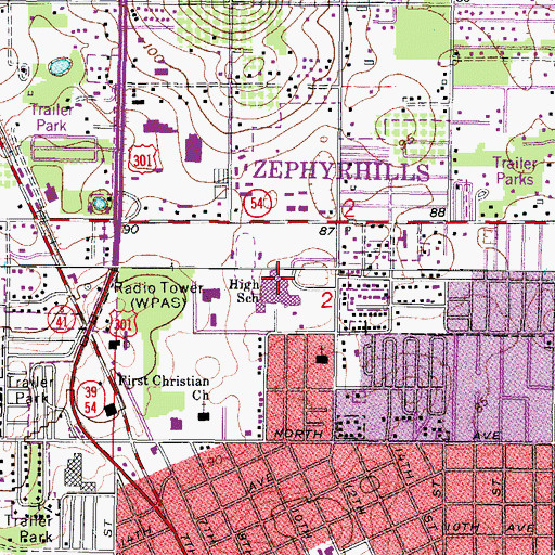 Topographic Map of Zephyrhills High School, FL