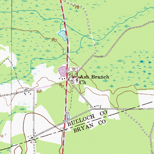 Topographic Map of Ash Branch Church, GA