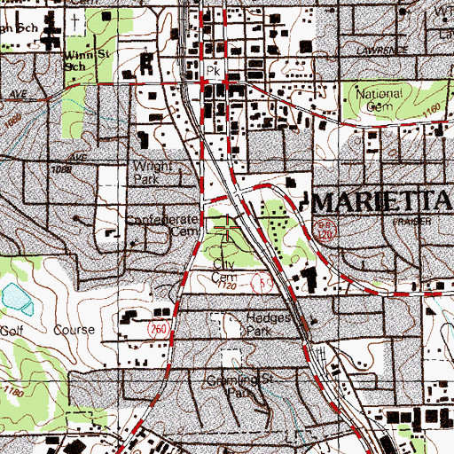 Topographic Map of Marietta Confederate Cemetery, GA