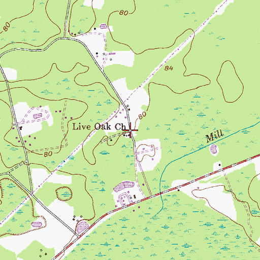 Topographic Map of Live Oak Church, GA