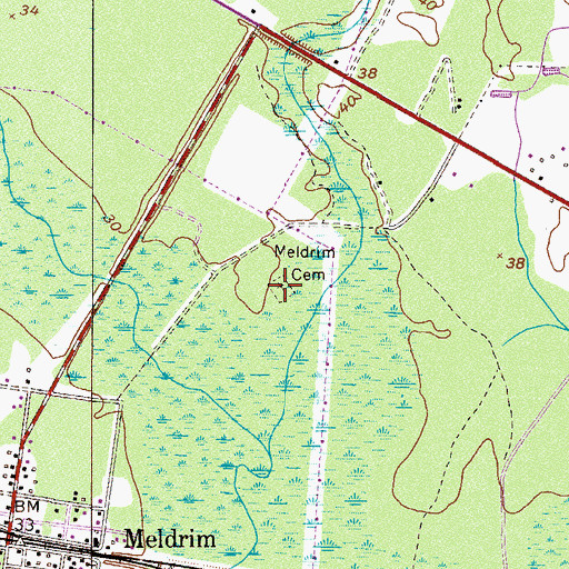 Topographic Map of Meldrim Cemetery, GA