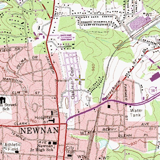 Topographic Map of Oak Hill Cemetery, GA