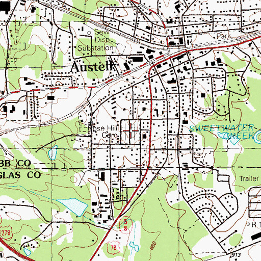 Topographic Map of Rose Hill Cemetery, GA