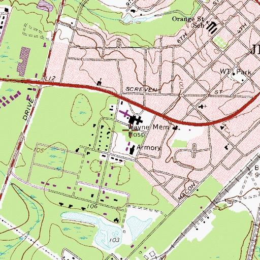 Topographic Map of Wayne Memorial Hospital, GA
