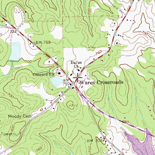 Topographic Map of Wares Crossroads, GA