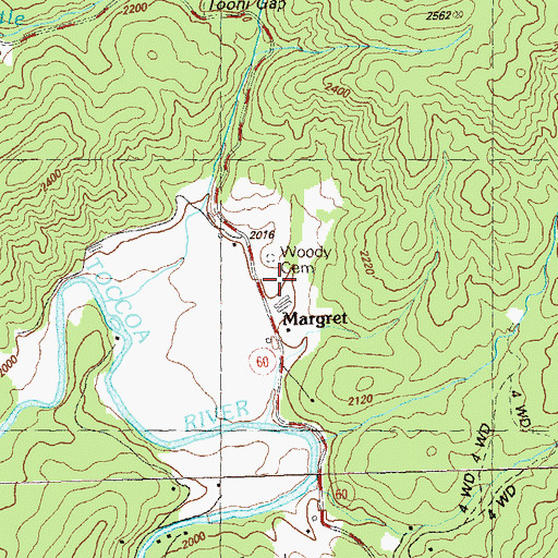 Topographic Map of Woody Cemetery, GA